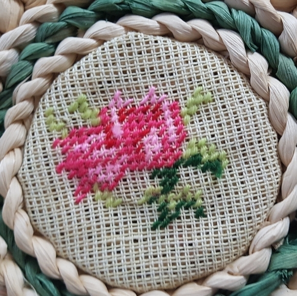 1980s Woven Rattan and Needlepoint Large Trivets - Picture 3 of 9